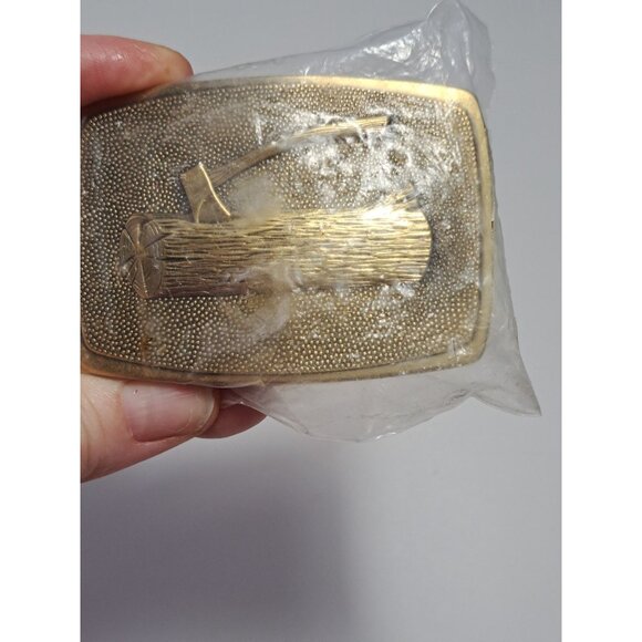 Vtg Brass Boy Scout Wood Badge Belt Buckle Camp Axe Log 2" X 3" Made USA NEW - Picture 6 of 6